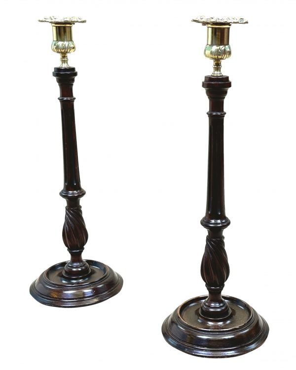 Late 19th Century Mahogany & Brass Candlesticks