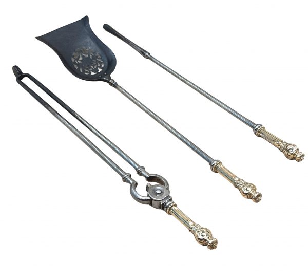 Regency Antique Set Of Polished Steel & Brass Fire Tools