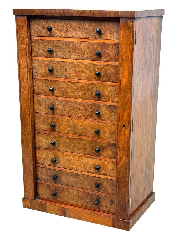 19th Century Childs Size Burr Walnut Wellington Chest Of Drawers