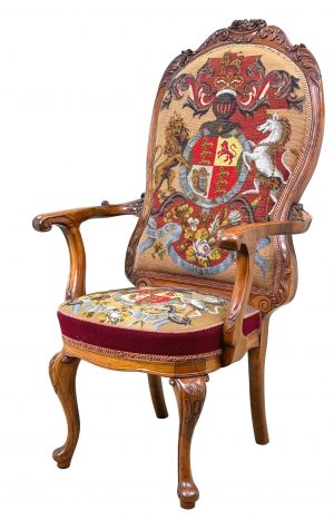 Victorian Walnut Armchair With Royal Coat Of Arms Upholstery