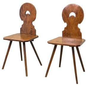 Pair Of Fruitwood Folk Art Swiss Escabelle Hall Chairs, Mid 19th Century