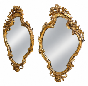 Mid 19th Century Pair Of Gilt & Gesso Cartouche Form Wall Mirrors